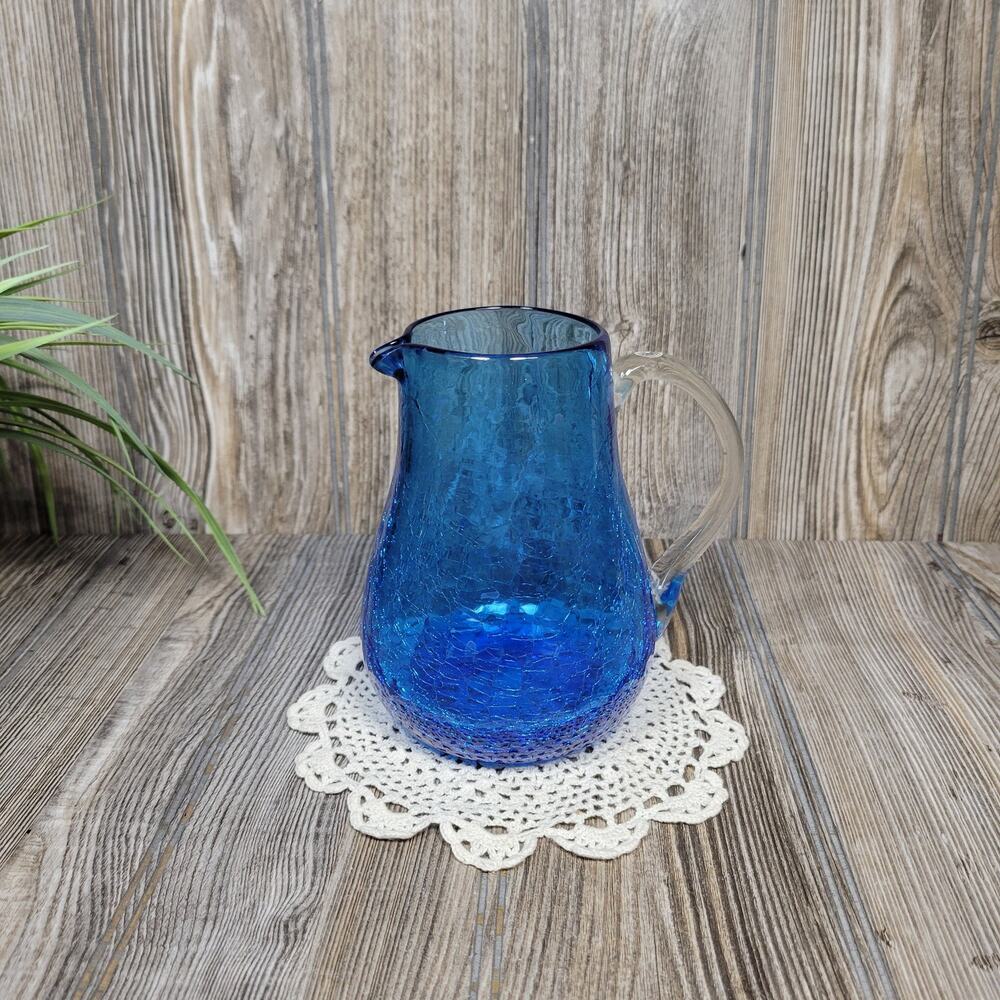 Vintage Blue Crackle Glass Pitcher Clear Handle Mid Century MCM Blown Art Vase